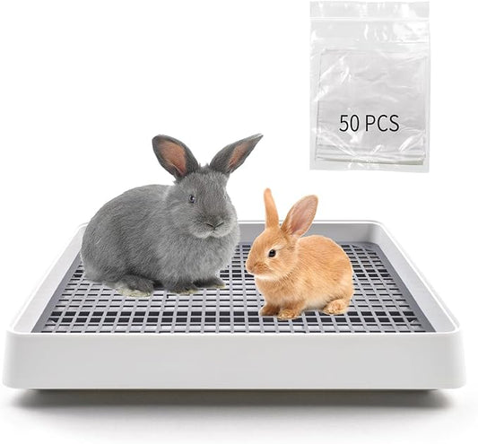 Large Rabbit Litter Box for Cage,Bunny Litter Box Grate Restroom with 50 Pcs Disposable Rabbit Cage Liner Guinea Pig Litter Pan with Grate Rabbits Litter Tray Pet Toilet for Rat Ferret Hamster