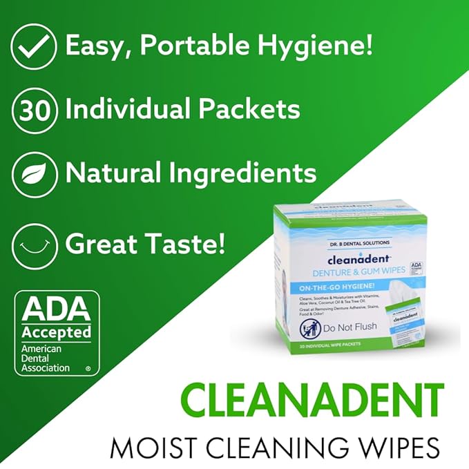 Dr. B Dental Solutions Cleanadent Wipes - Convenient Denture Cleaning Wipes, Refreshes Gums, No Artificial Colors/Flavors - 30 Count
