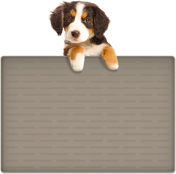 24"x16" Large Dog Food Mat, Silicone Dog and Cat Mats for Food and Water Bowls, Waterproof Raised Edge Pet Feeding Mat for Contain Spills Protects Floors, Multiple Colors & Sizes for Pets, Brown