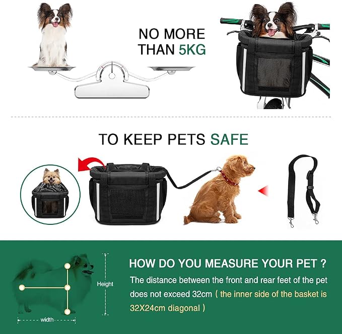 Dog Bike Basket, Folding Front Pet Carrier for Small Dogs Cats Up to 11 lbs, Quick-Release Bicycle Basket with Safety Tether, Fits Mountain City Cruiser Bikes, Detachable Handlebar Bag