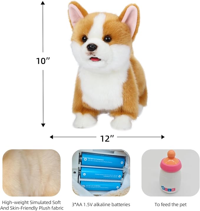 CU-MATE Plush Interactive Simulation Dog-Realistic Puppy Electronic Toy Dog Cat with Walking/Barking/Wagging Tail/Talking-Like Real Robotic Present (Electric Corgis)