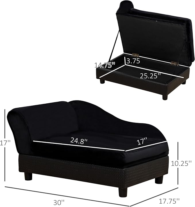 PawHut Luxury Fancy Dog Couch with Hidden Storage for Puppies, Black | Small Dog Sofa Bed with 2" Soft Foam, Modern Pet Furniture for Little Breeds