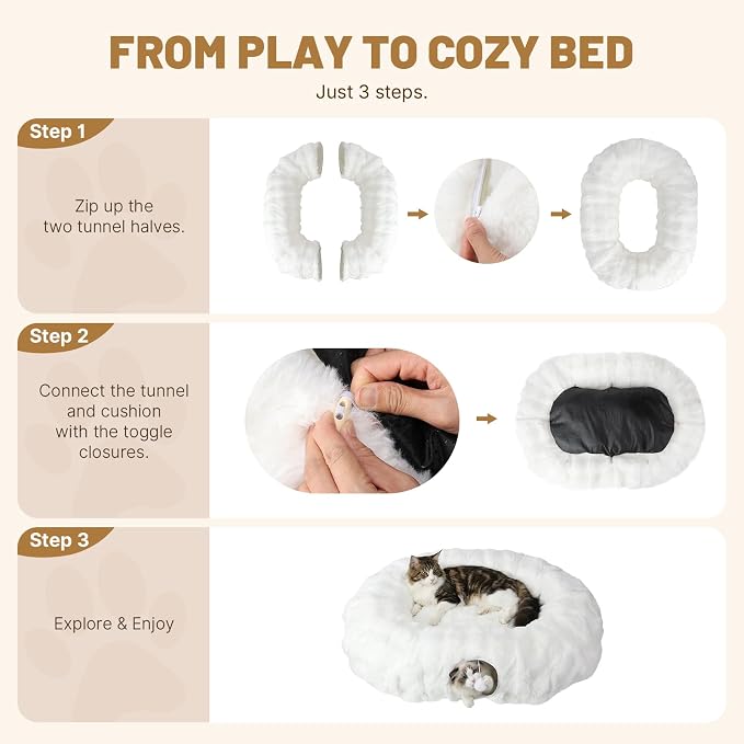 Extra Large Cat Tunnel, 47.2in Luxury Tunnel for Large Cats | Extra Long Bubble Fleece Big Cat Tunnel with Washable Mat, Skin-Friendly Large Tunnel for Cats, Puppy, Rabbits White