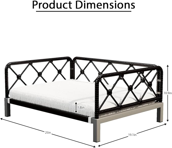 Elevated Indoor & Outdoor Dog Bed for Small Dogs, Durable Rattan Wicker Pet Sofa with Removable Washable Waterproof Cushion, Stylish Dog Couch, Black Rattan/White Mat