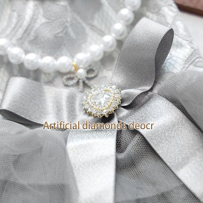 ANIAC Gray Dog Dress for Small Dogs Female,Bow Knot Girl Puppy Clothes with Detachable Pearl Necklace, Elegant Cat Dress, Formal Pet Pary Outfit for Wedding Birthday Valentines (Gray, Medium)