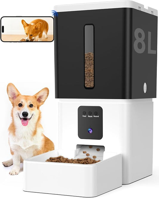 Distributeur automatique de nourriture pour chien avec caméra : Distributeur de nourriture programmé 8L/33 tasses WiFi 5G pour chiens de taille moyenne - Enregistrement vidéo HD 1080p vision nocturne audio bidirectionnel contrôle par APP