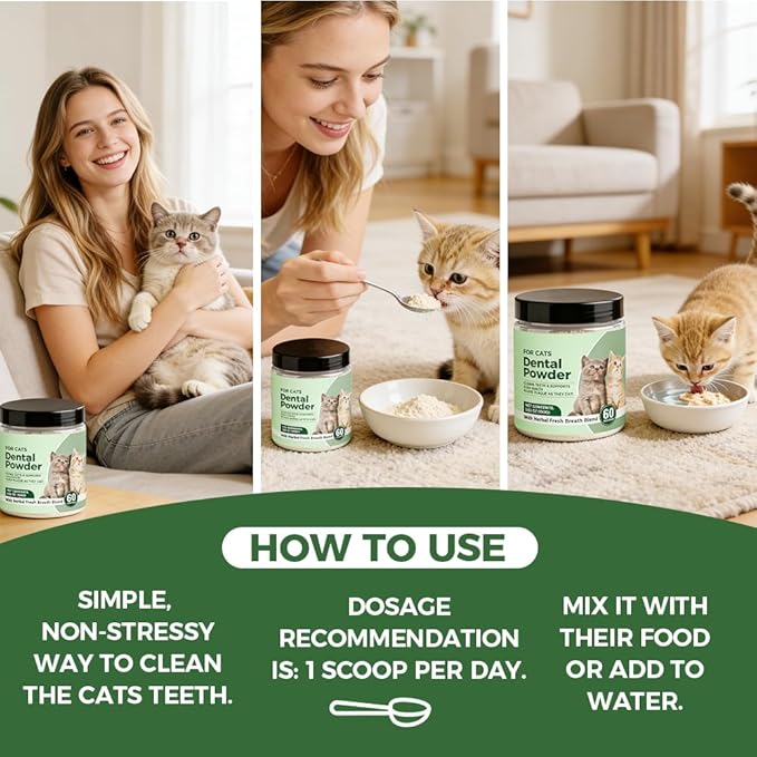 Dental Powder for Cats, Cat Dental Powder with Probiotics & Seaweed for Cats Teeth & Breath Support, 60-Day Supply (1)