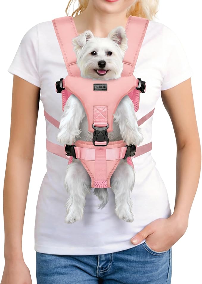 YUDODO Front Pet Carrier Backpack for Small Dog, Legs Out Dog Chest Carrier | Safety Belt, Ergonomic Support, Hands Free, Durable & Comfortable, For Walking Hiking Cycling, Pink, S