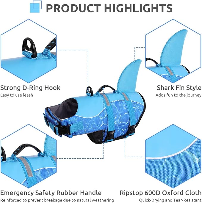 Shark Dog Life Jacket - Adjustable Dog Swimming Vest for Small, Medium, Large Dogs (Blue)