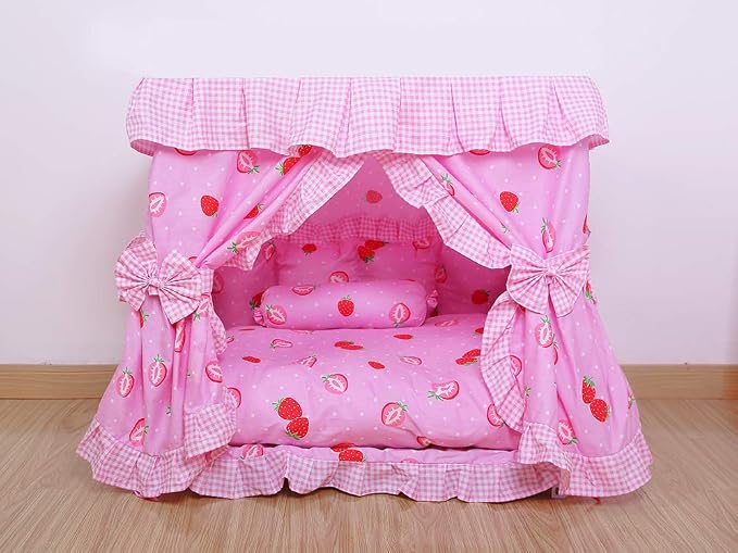 Princess Pink Strawberry Pet Dog Cat Handmade Bed House+1 Candy Pillow Canopy (S)