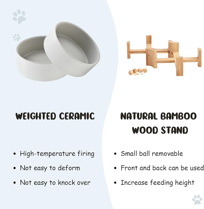 SPUNKYJUNKY 15° Slanted Ceramic Dog and Cat Bowl with Wooden Stand, Tilted Bulldog Food and Water Bowl No Slip Non-Spill for Cats Medium Dogs Big Face Pets 28.7 OZ (3.6 Cups, Grey × 2)