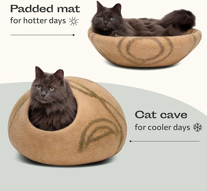 Cat Cave – Premium Felt Cat Bed Enclosure for Indoor Cats, Handmade Merino Wool (Beige, Large)
