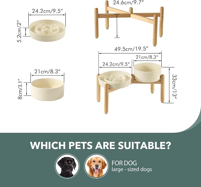Havniva Elevated Slow Feeder Dog Bowls, Ceramic Dog Bowl Slow Feeder Set | 3.2 Cups Raised Slow Feeder Dog Bowl for Large Breed, 8.2” Dog Water Bowl with Wooden Stand, Puzzle Dog Food Bowl, Non-slip