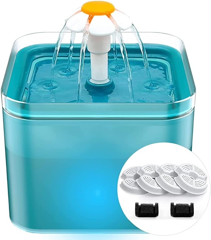 Fontaine à eau pour chat d'intérieur : fontaine à eau pour chat de 2 L (67 oz) - Fontaine d'eau silencieuse pour animaux de compagnie - Fontaines à eau cyan faciles à nettoyer - Pour chats et petits animaux - Comprend 4 filtres + 2 éponges
