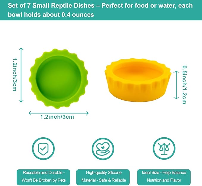 7 Pack Crested Gecko Food and Water Bowl, Eudimysx Reusable Small Reptile Feeding Dish, Gecko Tank Accessories for Hermit Crab, Tarantula, Isopods, Snails and Lizard, Silicone Easy Clean & 7 Colors