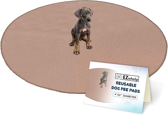 Reusable Dog Pee Pad, Washable Waterproof Round 60 in Mat, 1 Pack | 60-inch round washable waterproof pee pad, reusable slip-resistant mat for dog potty training and whelping with quick-dry