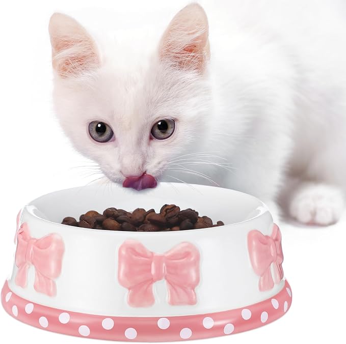 Reallnaive 1 Pcs Pink Bow Ceramic Bowl for Small Dog and Cat Cute Bowtie Pet Bowl for Food Water Macaron Pink Dish Pets Feeding Bowls Suitable Small Cat Dogs