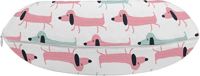 Ambesonne Dachshund Travel Pillow Neck Rest, Pattern with Funny Cartoon Sausage Dogs, Memory Foam Traveling Accessory for Airplane and Car, 12", Seafoam Pink