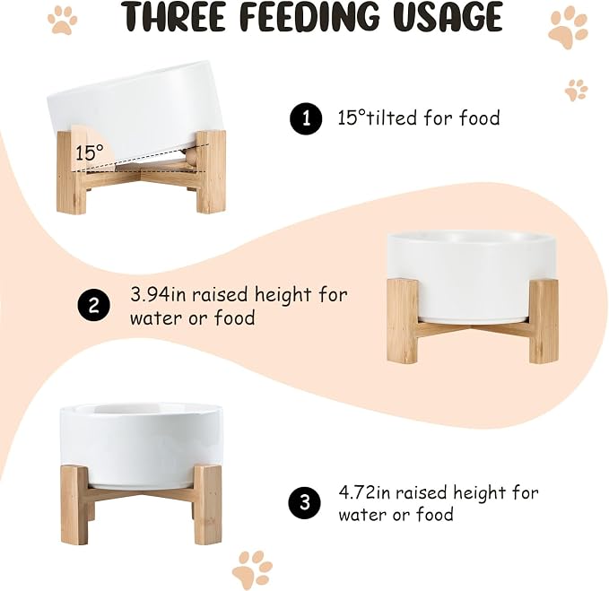 SPUNKYJUNKY 15° Slanted Ceramic Dog and Cat Bowl with Wooden Stand, Tilted Bulldog Food and Water Bowl No Slip Non-Spill for Cats Medium Dogs Big Face Pets 28.7 OZ (3.6 Cups, White)