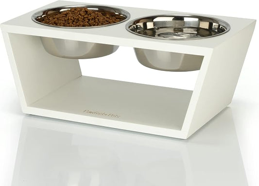 Elevated Dog Bowl Stand- 7" Raised Dog Bowl for Medium Dogs. Pet Feeder with Four Stainless Steel Bowls (White)