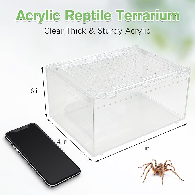 Reptile Terrarium Enclosure 8"x6"x4" Acrylic Tarantula Breeding Box Magnetic Hermit Crab Habitat Transparent Jumping Spider Cage for Insect Snail Amphibians Sling Isopods