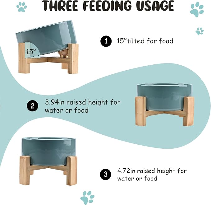 SPUNKYJUNKY 15° Slanted Ceramic Dog and Cat Bowl with Wooden Stand, Tilted Bulldog Food and Water Bowl No Slip Non-Spill for Cats Medium Dogs Big Face Pets 28.7 OZ (3.6 Cups, Light Green)