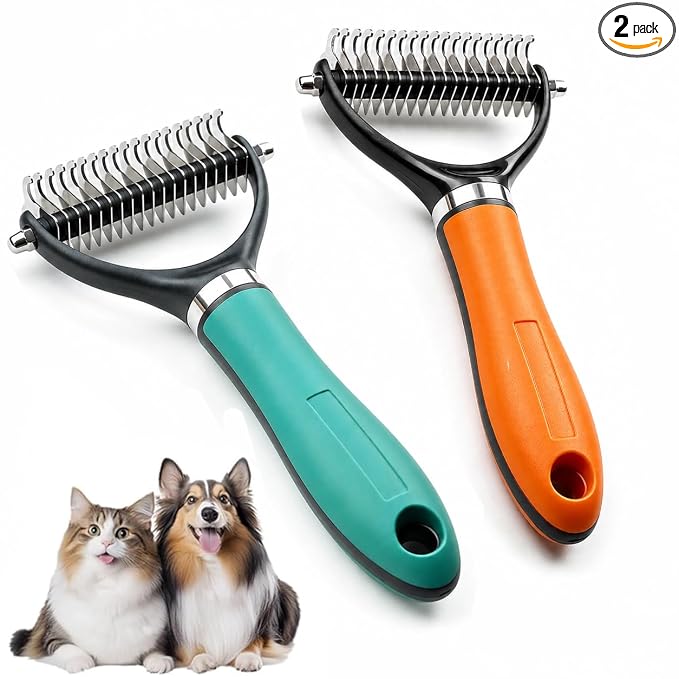 2026 Upgrade Double-Sided Pet Grooming Tool, Professional Pet Detangling Comb Removes Tangles Knots and Loose Fur, Gentle Deshedding Dog Cat Brush for Long Thick Hair (#2Sets)