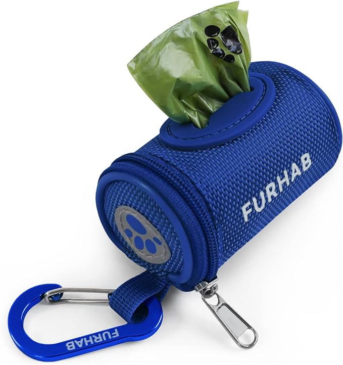 FURHAB Dog Poop Bag Holder for Leash Doggie Waste Bag Dispenser Soft Fabric Puppy Potty Carrier Small Doggy Zipper Pouch with Carabiner Clip 1680D Nylon Oxford with 1 Roll of Pet Trash Bag, Royal Blue