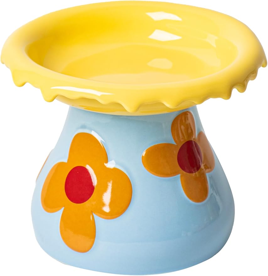 Mushroom Elevated Cat Bowls Ceramic, Cute Cat Bowls Whisker Fatigue | Raised Cat Bowl for Indoor Cats, Raised Dog Bowls Stand for Food and Water, Yellow 5.8" Wide for Adult Cats