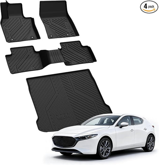 LASFIT Floor Mats & Cargo Liner for Mazda 3 Hatchback 2019-2026 (Not Fit Sedan) All Weather TPE Custom Fit Automotive Front & Rear 2 Row Car Liners and Trunk Mat Full Set Accessories, Black