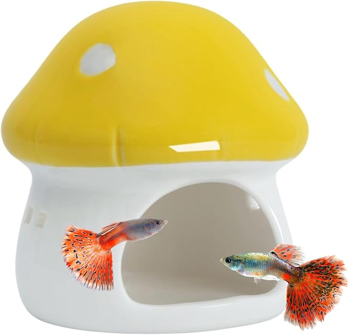 Saim Ceramics Mushroom House Aquarium Decor, Betta Fish Tank Accessories Landscape Decoration, Small Shrimp Goldfishes Habitat Hut Pleco Smalland Breeding Hide Caves Toad House - Yellow