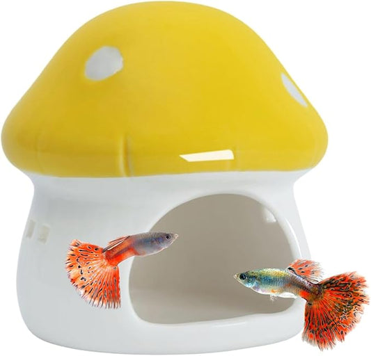 Saim Ceramics Mushroom House Aquarium Decor, Betta Fish Tank Accessories Landscape Decoration, Small Shrimp Goldfishes Habitat Hut Pleco Smalland Breeding Hide Caves Toad House - Yellow