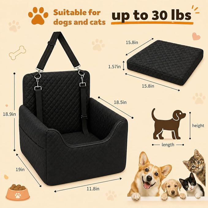 ALL GOOD PET SUPPLIES Dog Car Seat for Small/Medium Dogs Under 35lbs | Soft Memory Foam Booster Car Seat with Detachable Washable Cover and Cushion, Puppy Dog Car Bed
