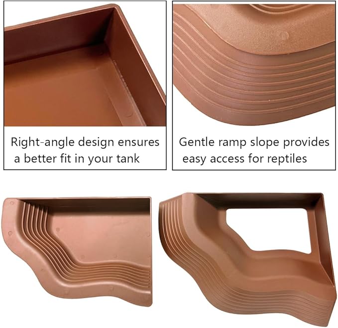 3 Pcs Large Tortoise Water Dish with Ramp Leaf Tortoise Water Food Bowls Reptile Water Dish Amphibians Habitat Accessories for Lizard Turtle Horned Frog Brown