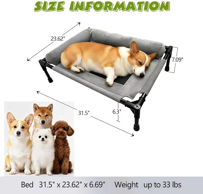 Raised Dog Bed for Small Dogs,Cooling Elevated Bolster Dog Cot,Indoor Outdoor Breathable Mesh Dog Hammock with Metal Frame,Dog Sofa Camping Dog Bed (31.5" L x 23.62" W x 6.69" H)