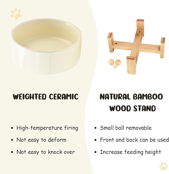 SPUNKYJUNKY 15° Slanted Ceramic Dog and Cat Bowl with Wooden Stand, Tilted Bulldog Food and Water Bowl No Slip Non-Spill for Cats Medium Dogs Big Face Pets 28.7 OZ (3.6 Cups, Beige)