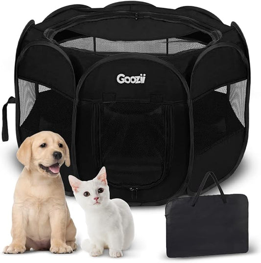 GOOZII Puppy Playpen Indoor for Small Dogs, Portalble Pet Dog Play Pens Kennel Crate with Top Cover Floor Door Enclosed for Large Cats Animal as Dog Lovers (Black, Medium Size)