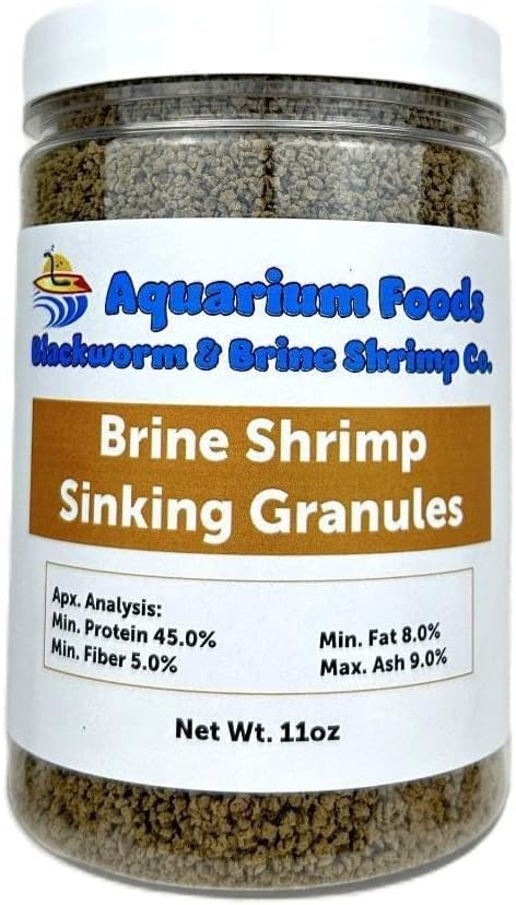 Aquatic Foods Inc. Brine Shrimp 0.5-2.5mm Sinking Granules for All Small & Baby Discus, Cichlids, Tetras, Live Bearers, Catfish, Small Plecos, All Tropical Fish…11oz Lg Round Jar