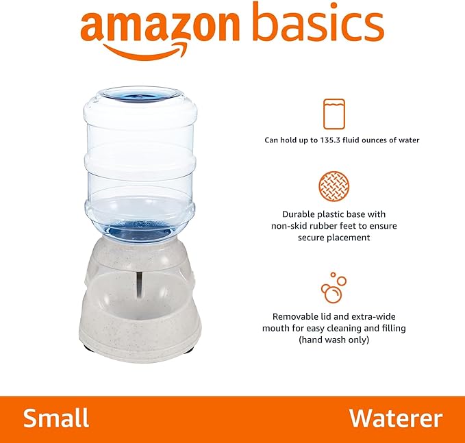 Amazon Basics Gravity Pet Water Dispenser for Cat and Dog, Easy to Clean, 135.3fl.oz Capacity, Small
