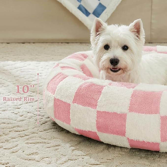 Ohocut Checkered Dog Bed, Cute Girly Pink Retro Style Aesthetic Round Warming Pet Calming Beds for Small Dog and Cats, Plush Cozy Donut Dog Beds Washable, 30" L x 30" W x 8" Th
