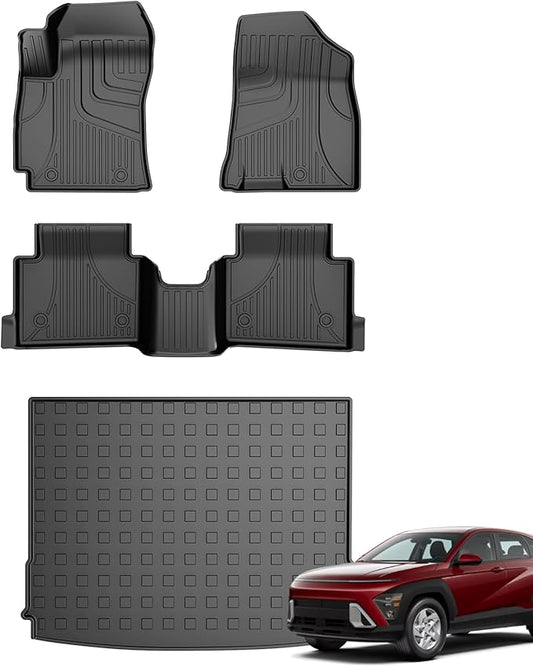 Floor Mats & Cargo Liner for 2024-2026 Hyundai Kona - Custom Fit Non-Slip All Weather Floor Liners & Cargo Liner Full Set for Hyundai Kona SEL/SE/N Line/Limited Accessories Black