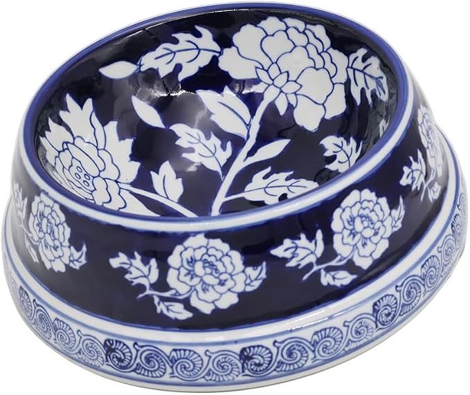 Aimusego Vintage Blue Ceramic Dog Bowls, Dog Food Feeding Dish for Medium Dogs Cats, Heavy Chinoiserie Porcelain Pet Bowl for Water,Durable & Easy to Clean-9inch