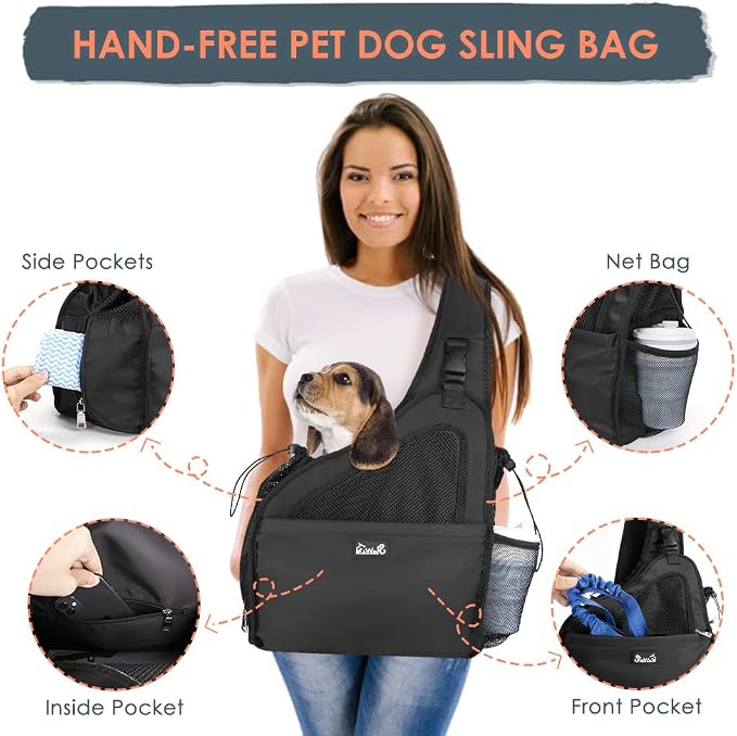 SlowTon Dog Sling Carrier, Hands Free Hard Bottom for Small Dogs up to 11lb | Breathable Mesh Support, Adjustable Padded Strap, with Pocket Safety Belt, Machine Washable, for Small Animal Puppy, Black
