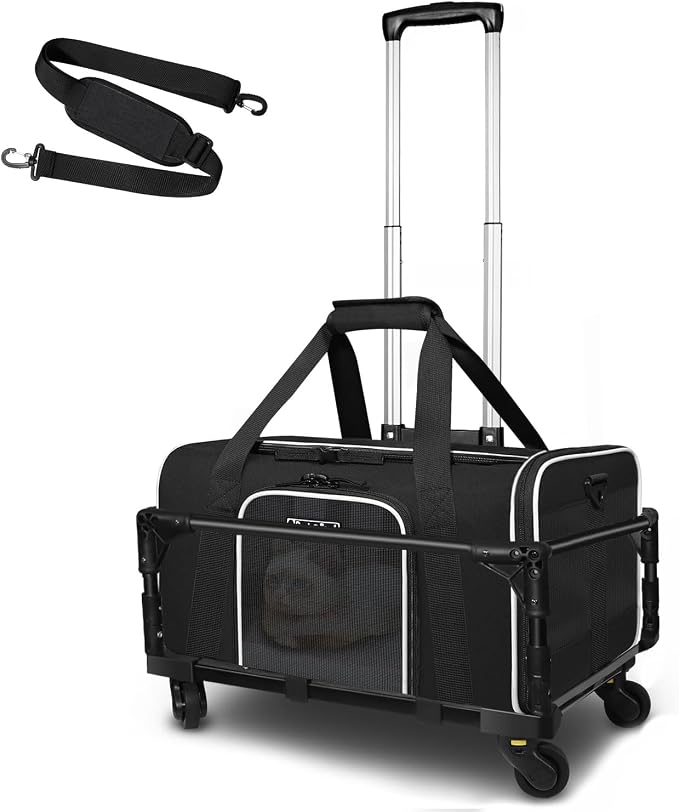Small Pet Carrier 17"x12"x8.5" with Wheels Airline Approved, Black | for JetBlue/Frontier/Spirit Airlines, Lockable Safety Zippers and Anti-Scratch Mesh, Pets Under 8 lbs