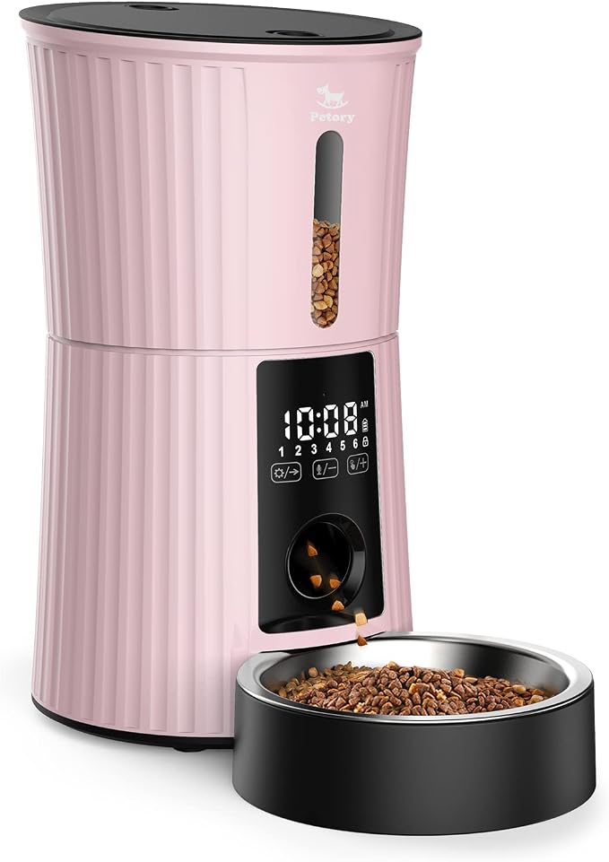 Timed Automatic Cat Feeder - 4L Dry Food Dispenser for Cats and Dogs | Programmable Portion Control, 6 Meals Daily, Dual Power Supply, 10-Second Voice Recorder, with Desiccant Bag, Pink