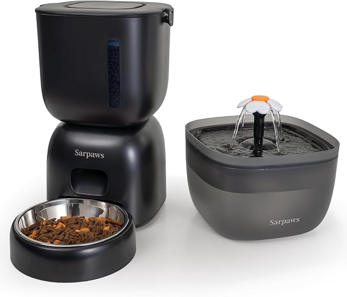 Automatic Cat Feeder and Water Dispenser FW1, Wire or Battery Cat Food Dispenser Timer Pet Feeder - Locking Lid, Desiccant Bag, Programmable Portion Control, 4 Daily Meals, 10s Voice Recorder