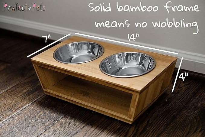 4" Tall Elevated Dog Bowls for Small Dogs, Food and Water Bowl Set by Pawfect Pets (Natural Bamboo)