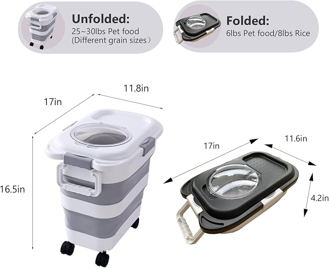 SEWIU 2pack 25 lbs Dog Food Storage Container,Collapsible Dog Food Container with Scoop,Pet/Dog/Cat/Bird Food/Cat litter Storage Containers to Keep Dry,Easy to Move.(Black+white)