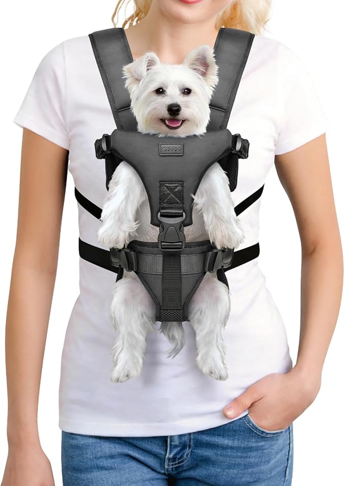 YUDODO Front Pet Carrier Backpack for Small Dog, Legs Out Dog Chest Carrier | Safety Belt, Ergonomic Support, Hands Free, Durable & Comfortable, For Walking Hiking Cycling, Black, S