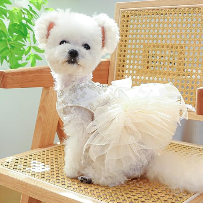 ANIAC Embroidered Dog Dress for Small Dog,Girl Puppy Princess Tutu Dress with Leash Ring,Cat Apparel,Chihuahua Yorkie Clothes for Birthday Wedding (Small, Champagne)